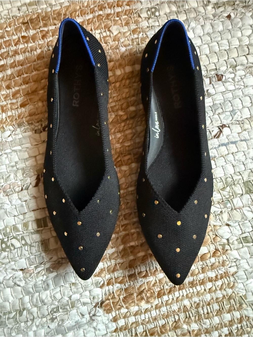 Rothy's Black Pointed Toe Flats with Gold Studs